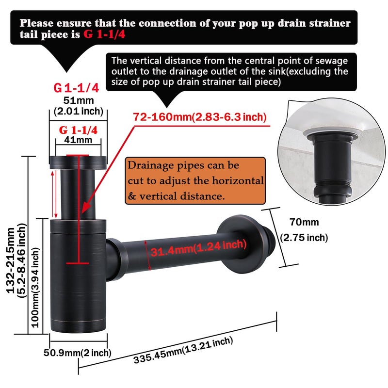 RANDOM Brass Contemporary Round Bottle P Trap 1 1/4,Basin Sink Waste Drain P Trap Kit (Oil Rubbed Bronze) - Image 2